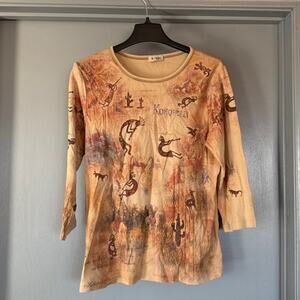 Cactus Tan Southwestern Pullover Top Kokopelli Embellished Long Sleeve L Aztec